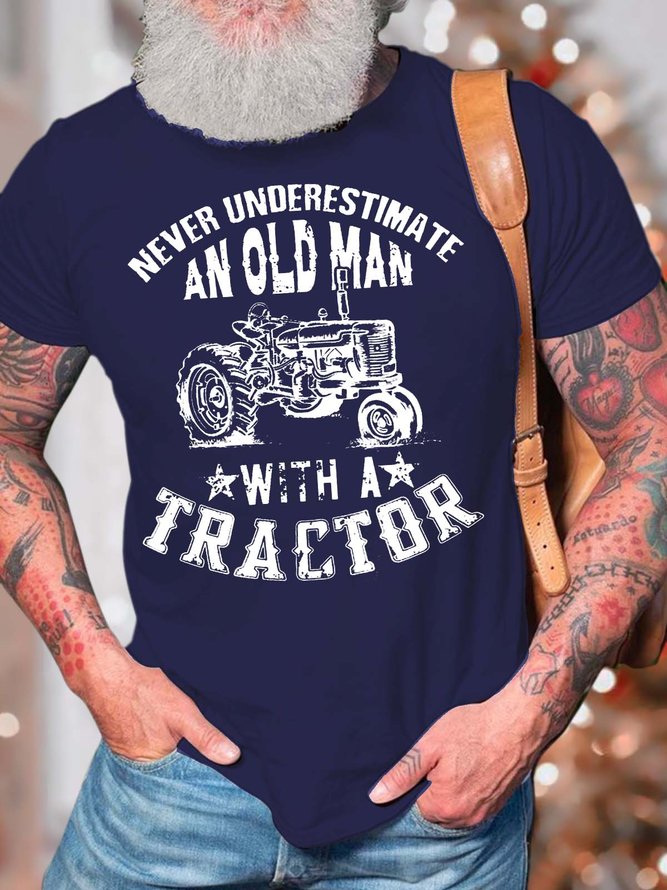 Men’s Never Underestimate An Old Man With A Tractor Fit Cotton Casual Crew Neck T-Shirt