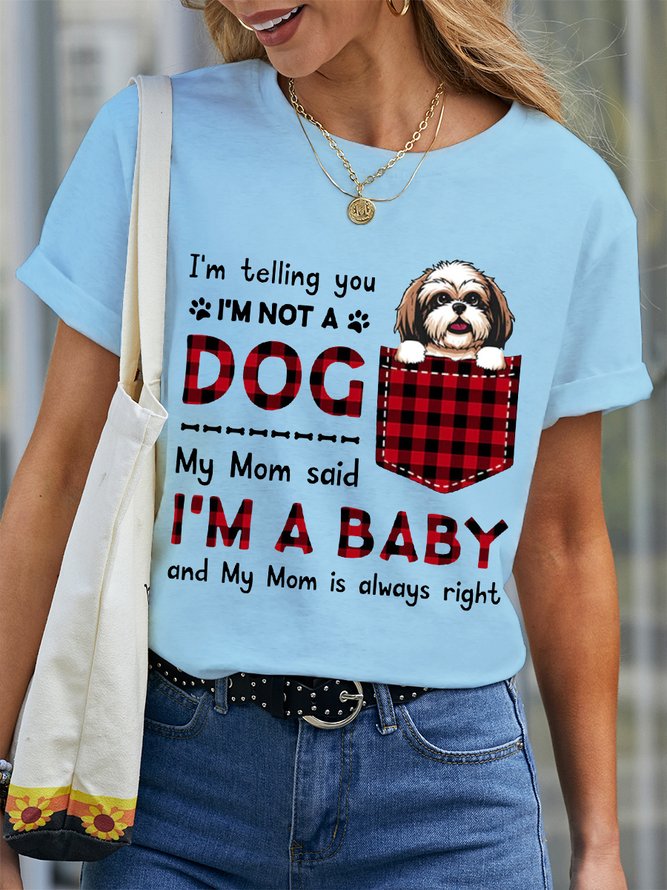 Women's Lover I'm A Baby Best Dog Mom Crew Neck Simple Loose Plaid T-Shirt