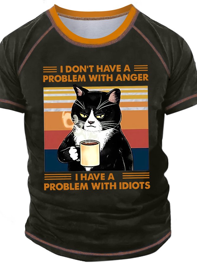 Men's I Don't Have A Problem With Anger I Have A Problem With Idiots Funny Graphic Print Text Letters Vintage T-Shirt