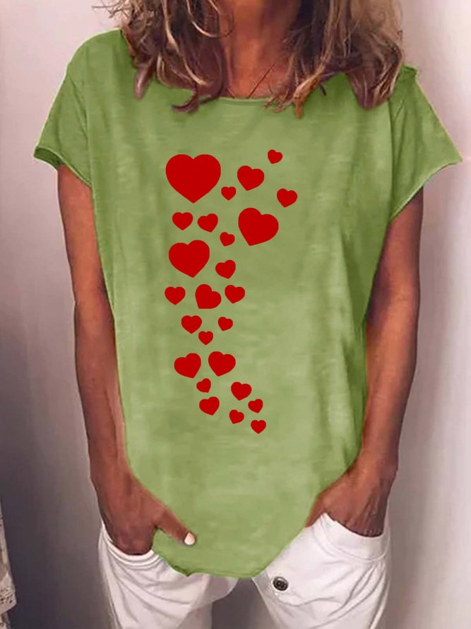 Womens Casual Hearts Print Crew Neck T-Shirt