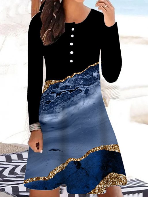 Women's Blue Gold And Black Color Block Crew Neck Painting Casual Regular Fit Dress