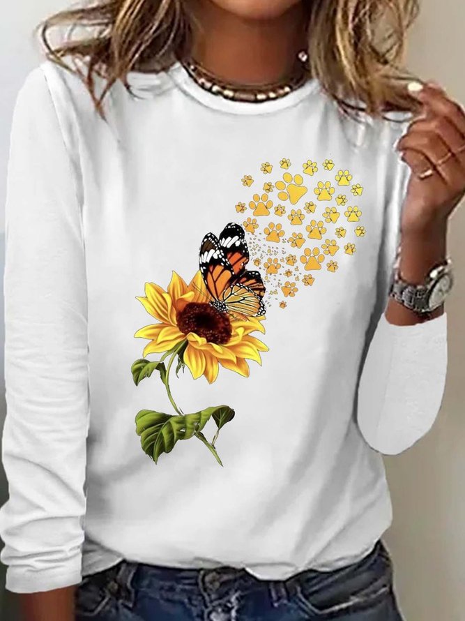 Women's Sunflowers Butterfly Paw Print Casual Crew Neck Top