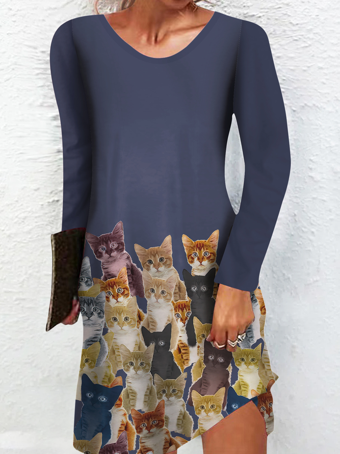 Women's Crew Neck Regular Fit Casual Funny Cat Dress