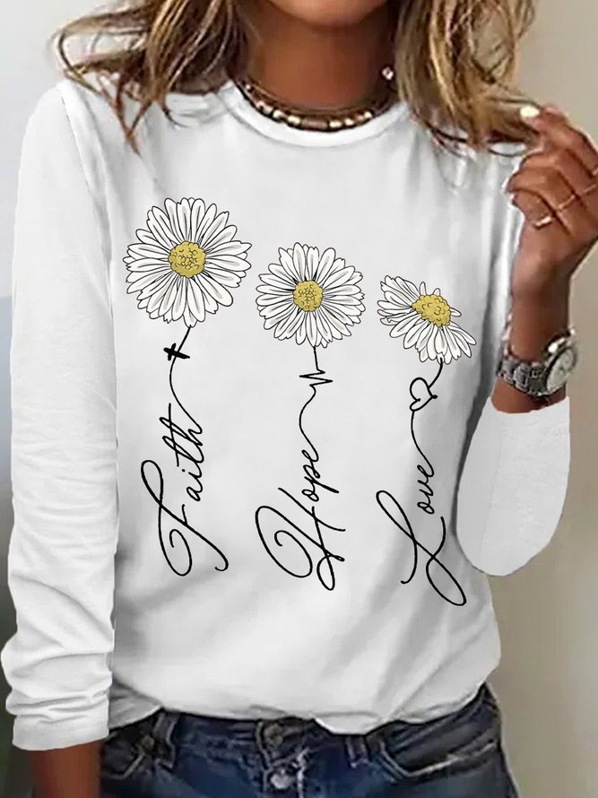 Womens Faith Hope Love With Daisy Long Sleeve T-Shirt