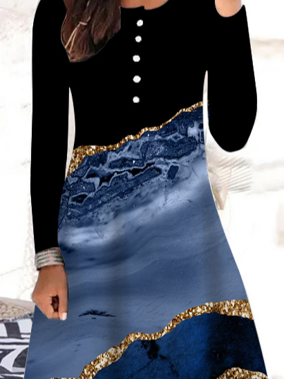 Women's Blue Gold And Black Color Block Crew Neck Painting Casual Regular Fit Dress