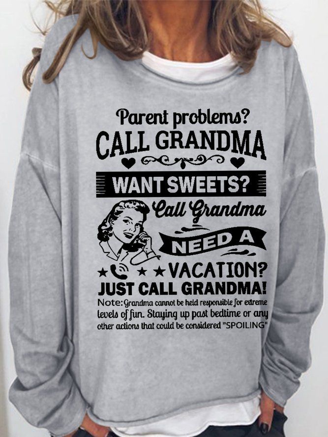Women's Funny Word Just Call Grandma Text Letters Simple Crew Neck Sweatshirt