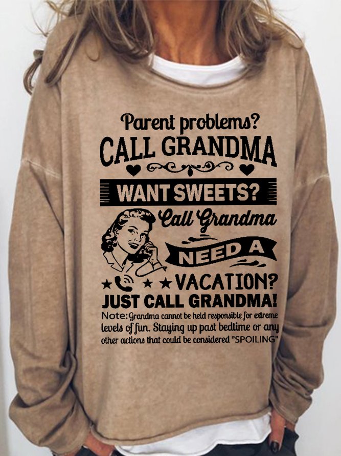 Women's Funny Word Just Call Grandma Text Letters Simple Crew Neck Sweatshirt