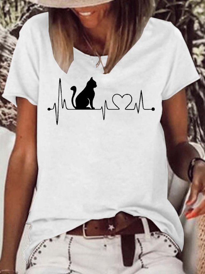 Women's Casual Cat Heart Beat T-Shirt