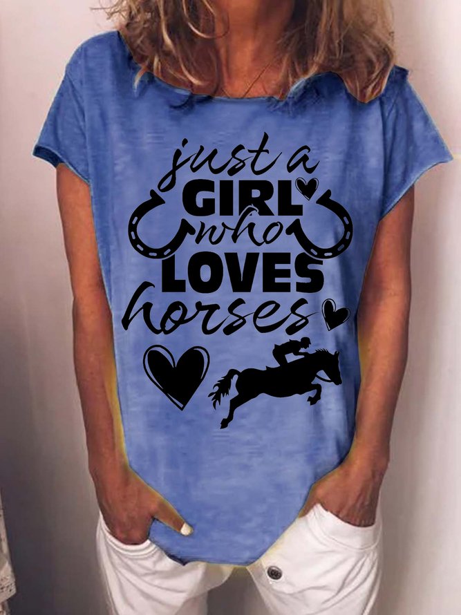 Women's Funny Just a Girl Who Loves Horses Cotton-Blend Crew Neck Casual T-Shirt
