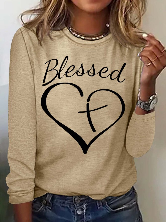 Women's Christian Blessed Heart Print Crew Neck Casual Letters Top