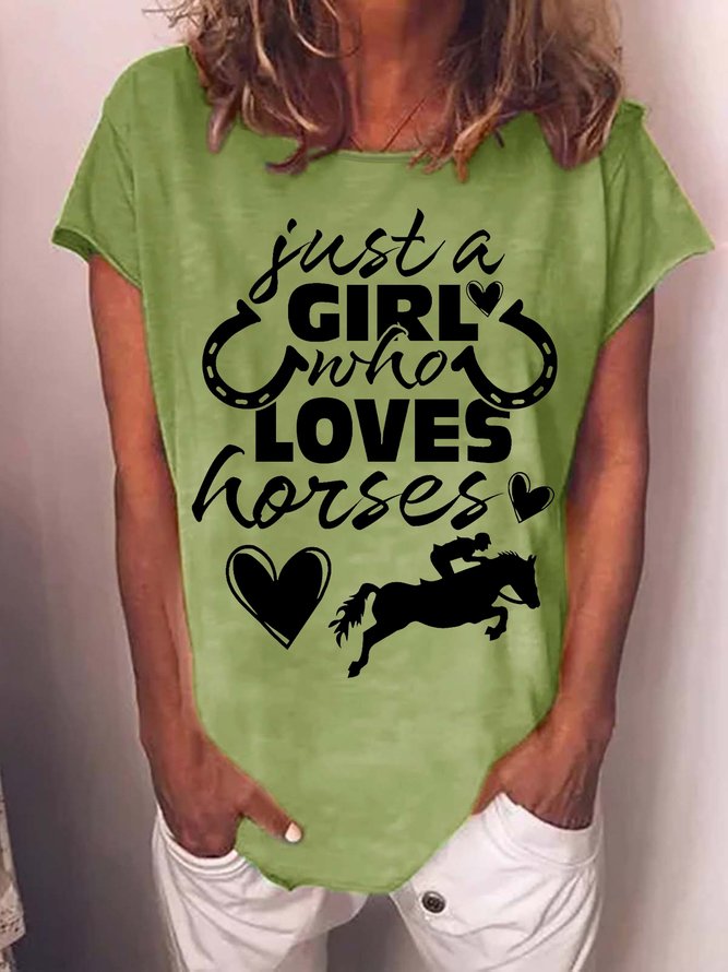 Women's Funny Just a Girl Who Loves Horses Cotton-Blend Crew Neck Casual T-Shirt