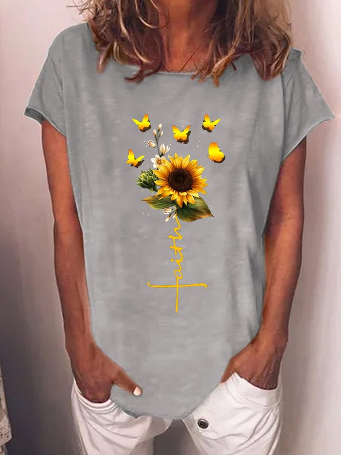 Women‘s Faith Cotton-Blend Simple Crew Neck Sunflower T-Shirt