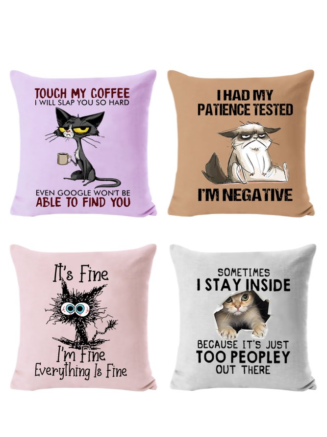 18*18 Set of 4 Funny I Am Fine Black Cat Letter Backrest Cushion Pillow Covers, Decorations For Home