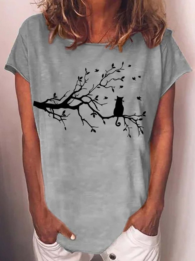 Women's Tree Branch Cat Print T-Shirt