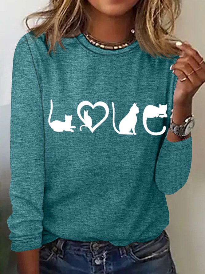 Women‘s Love Cat Cotton-Blend Heart Crew Neck Simple Long Sleeve Top