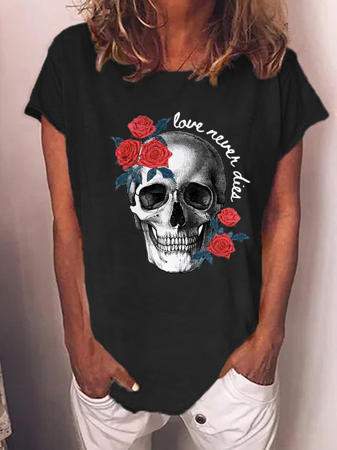 Women's Funny Valentine Skull Love Never Dies Loose Text Letters Casual T-Shirt