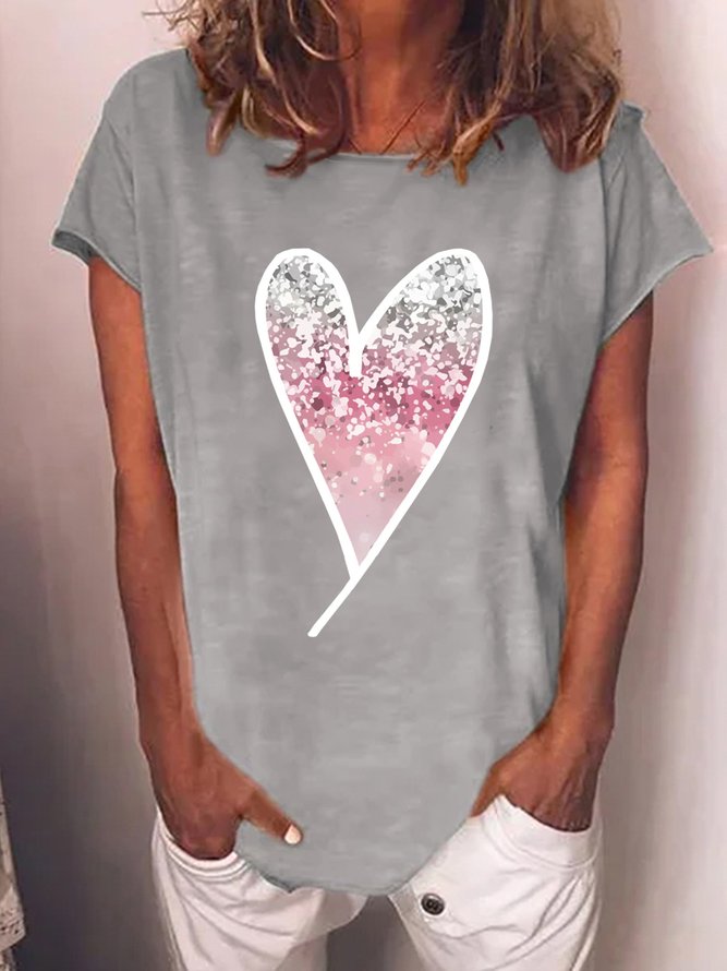Women‘s Heart Shape Cherry Print Cotton-Blend Casual Crew Neck T-Shirt