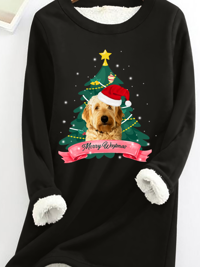 Loose Simple Dog Crew Neck Womens Warmth Fleece Sweatshirt