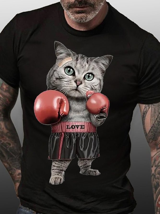Men's Boxing Cat Funny Graphic Print Casual Cotton T-Shirt