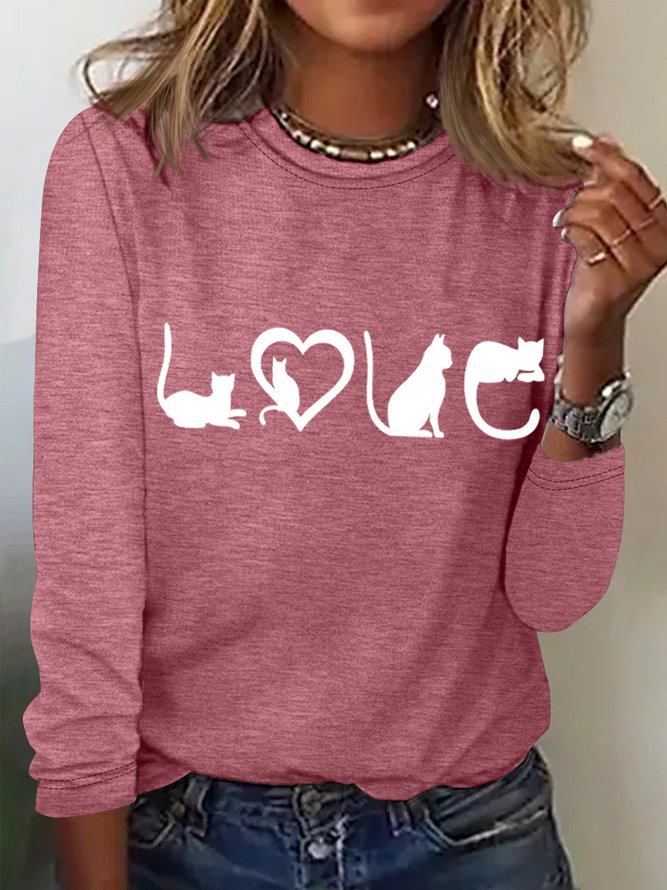 Women‘s Love Cat Cotton-Blend Heart Crew Neck Simple Long Sleeve Top