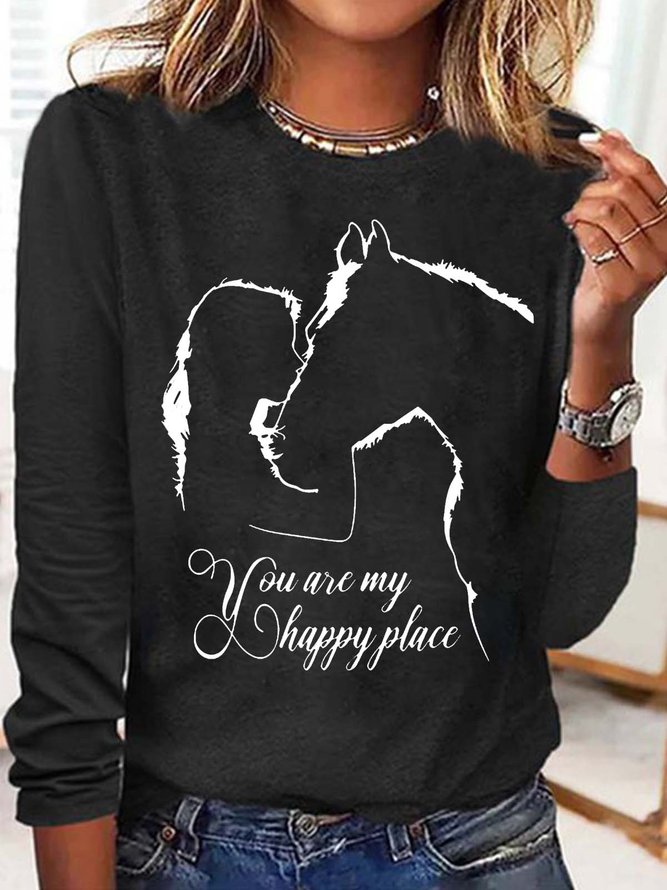 Women's Funny Horse And Girl You Are My Happy Place Print Letters Casual Top