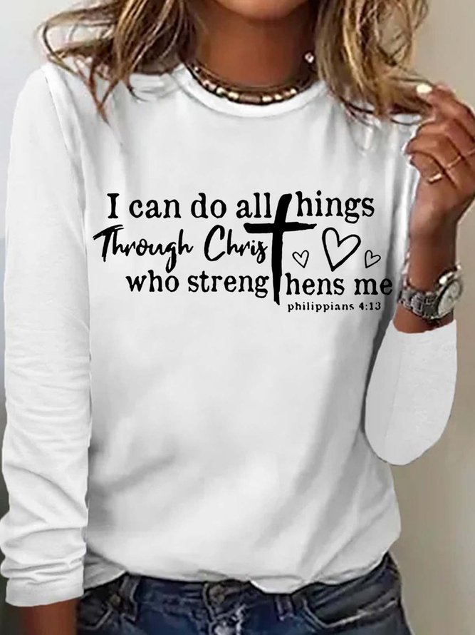 Women's I Can Do All Things Through Christ letter Print Jesus Casual Top