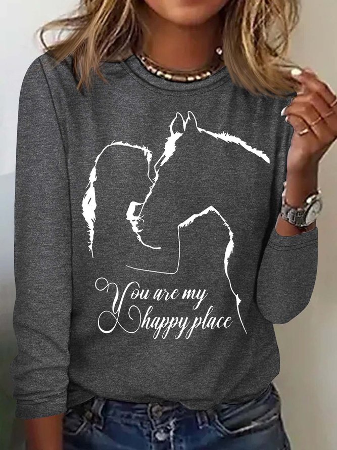 Women's Funny Horse And Girl You Are My Happy Place Print Letters Casual Top