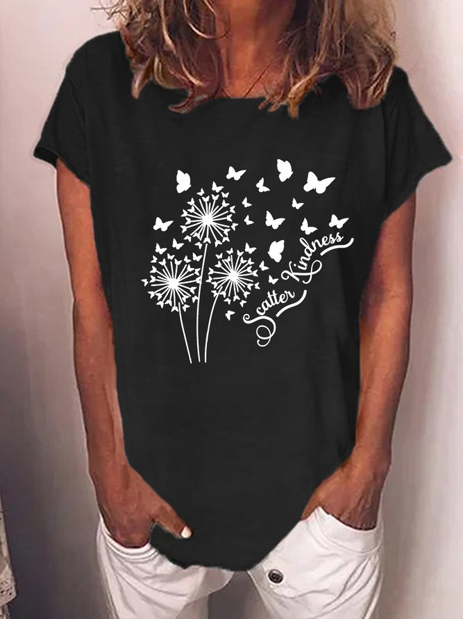 Women‘s Scatter Kindness Dandelion Butterflies Casual Cotton-Blend T-Shirt