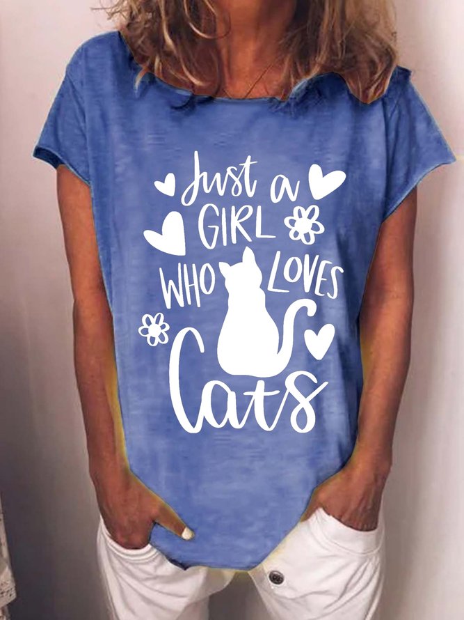 Women's Funny Word A Girl Who Loves Cats Cotton-Blend Loose Casual T-Shirt