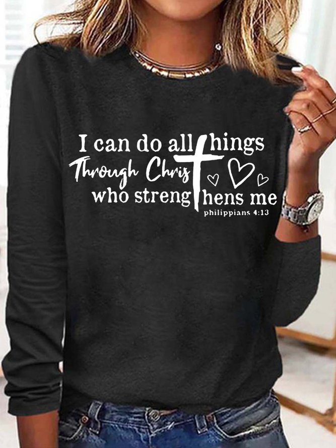 Women's I Can Do All Things Through Christ letter Print Jesus Casual Top