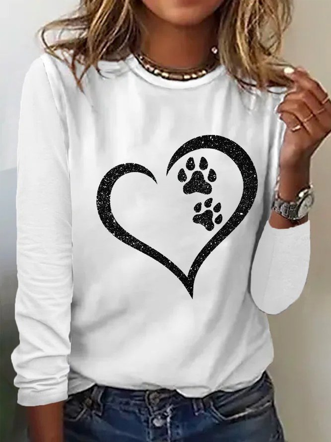 Women's Print Dog Lover Paw Heart Regular Fit Simple Long Sleeve Top