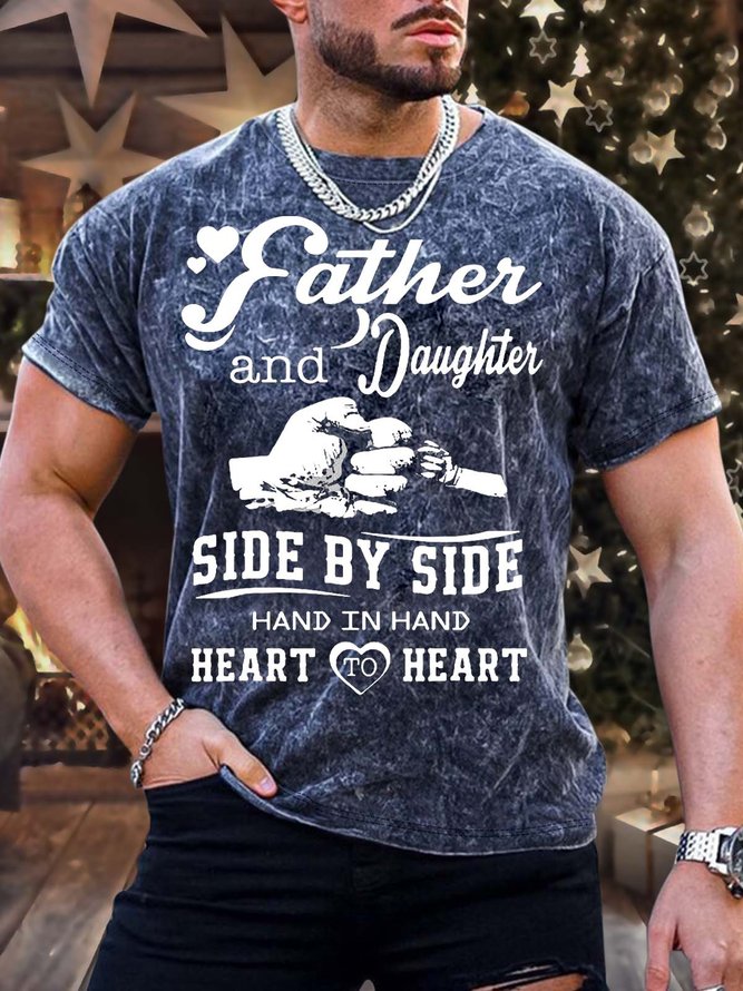 Men’s Father And Daughter Side By Side Hand In Hand Heart To Heart Text Letters Regular Fit Casual Crew Neck T-Shirt
