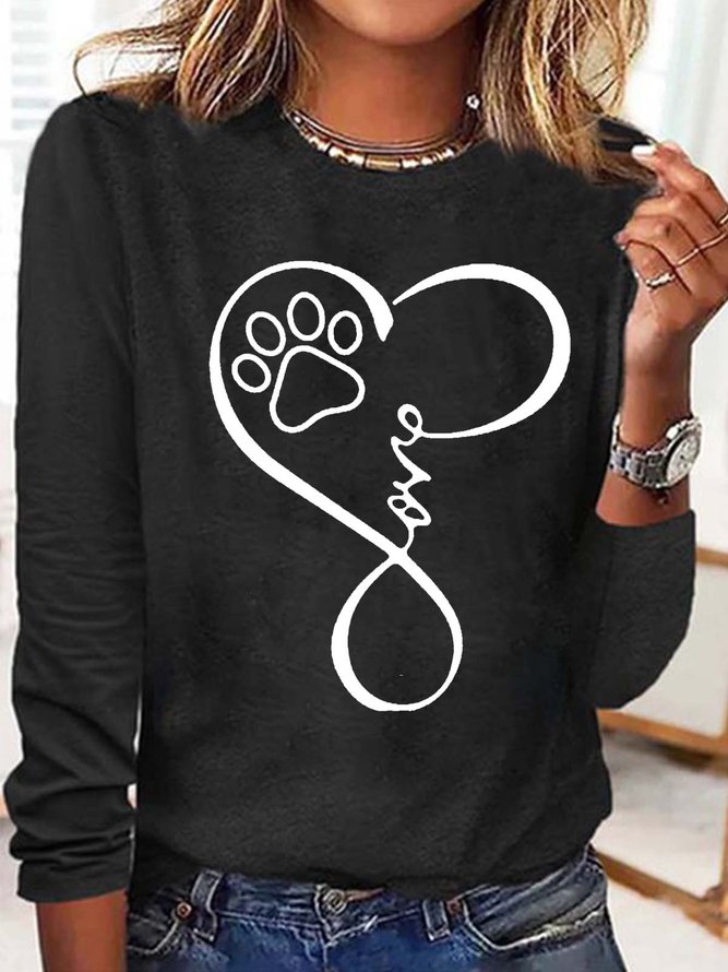 Women's Love Paw Print Casual Letters Crew Neck Top