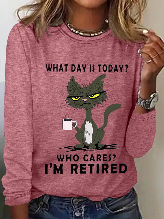 Women's Who Cares I'm Retired Funny Cat Cotton-Blend Long Sleeve Top