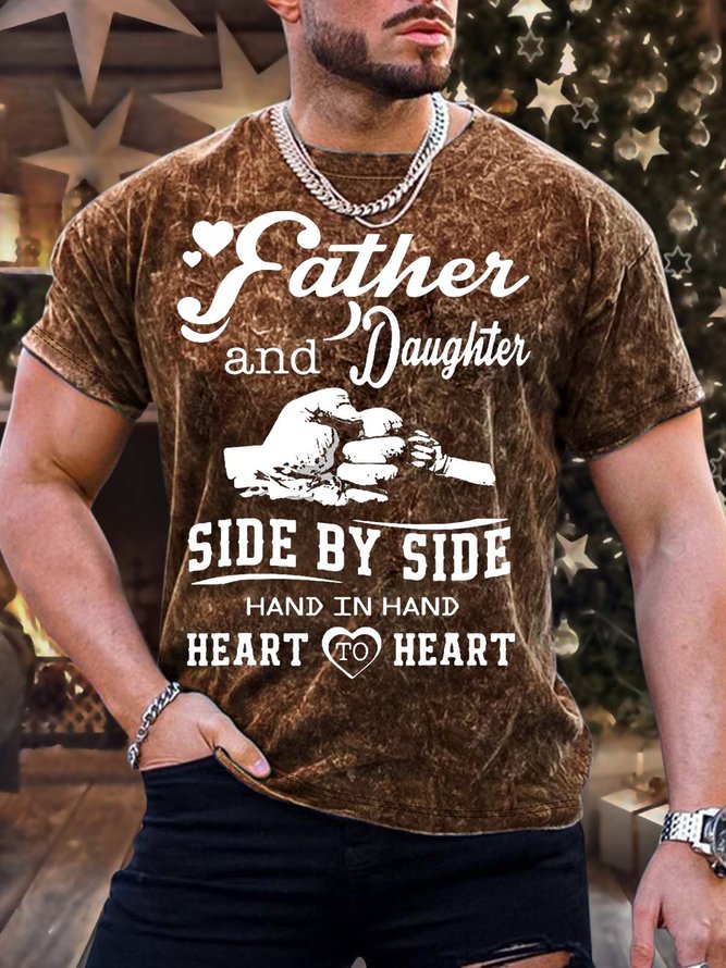 Men’s Father And Daughter Side By Side Hand In Hand Heart To Heart Text Letters Regular Fit Casual Crew Neck T-Shirt