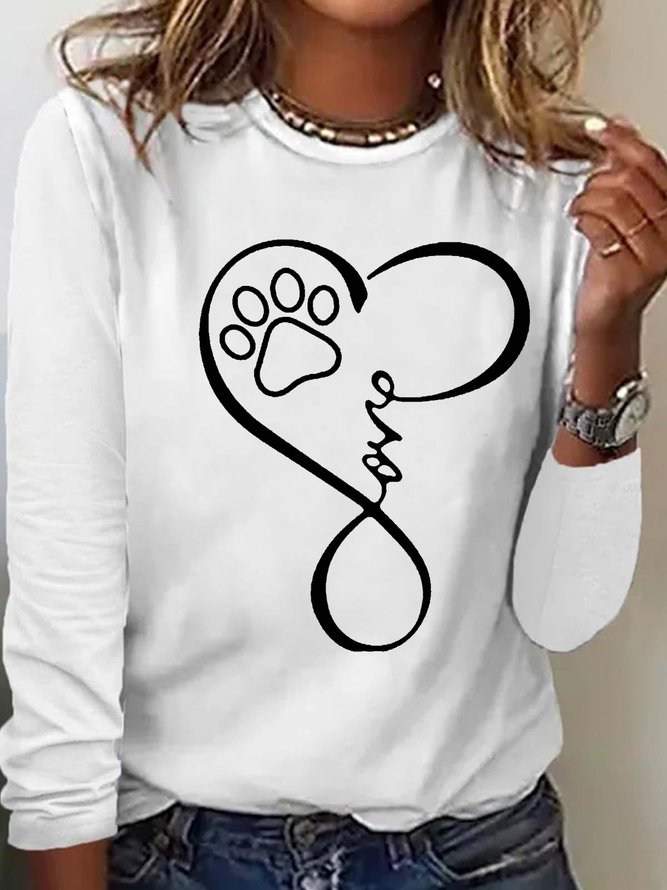 Women's Love Paw Print Casual Letters Crew Neck Top