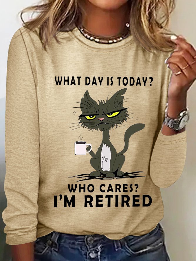 Women's Who Cares I'm Retired Funny Cat Cotton-Blend Long Sleeve Top