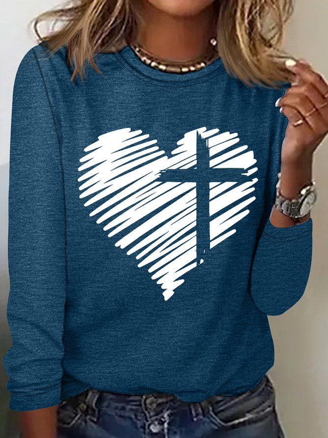 Women's Jesus Heart and Cross Simple Crew Neck Top