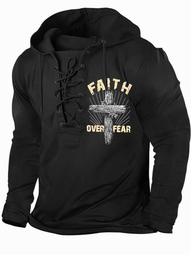 Men's Faith Over Fear Funny Graphic Print Casual Text Letters Regular Fit Hoodie Sweatshirt