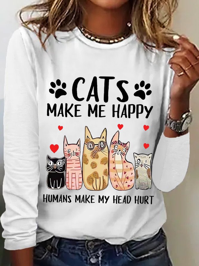 Women's Funny Word Cat Make Me Happy Simple Cotton-Blend Long Sleeve Top