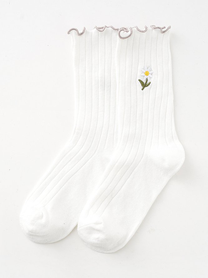 Casual Floral Embroidered Cotton Socks Daily Commuting Outdoor Accessories