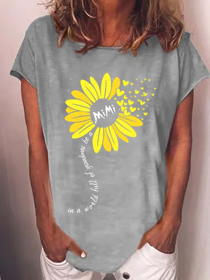 Womens Mimi Grandma Flower Print Letters Casual Crew Neck T-Shirt