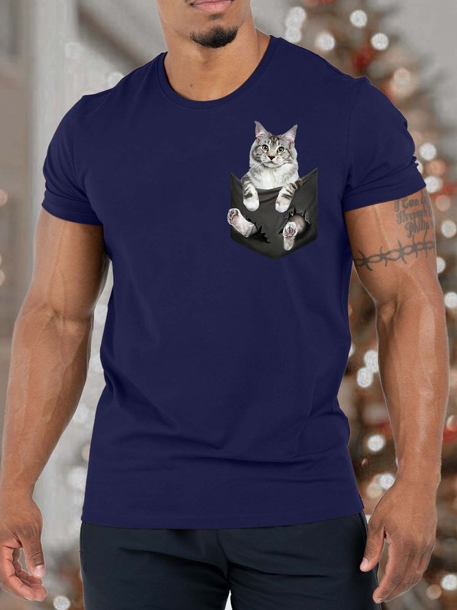 Men’s Cat In The Pocket Pattern Regular Fit Casual Cotton T-Shirt