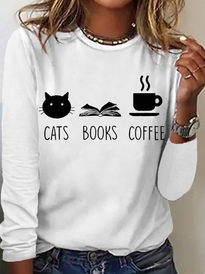 Women's Cats, Books and Coffe Casual Crew Neck Top