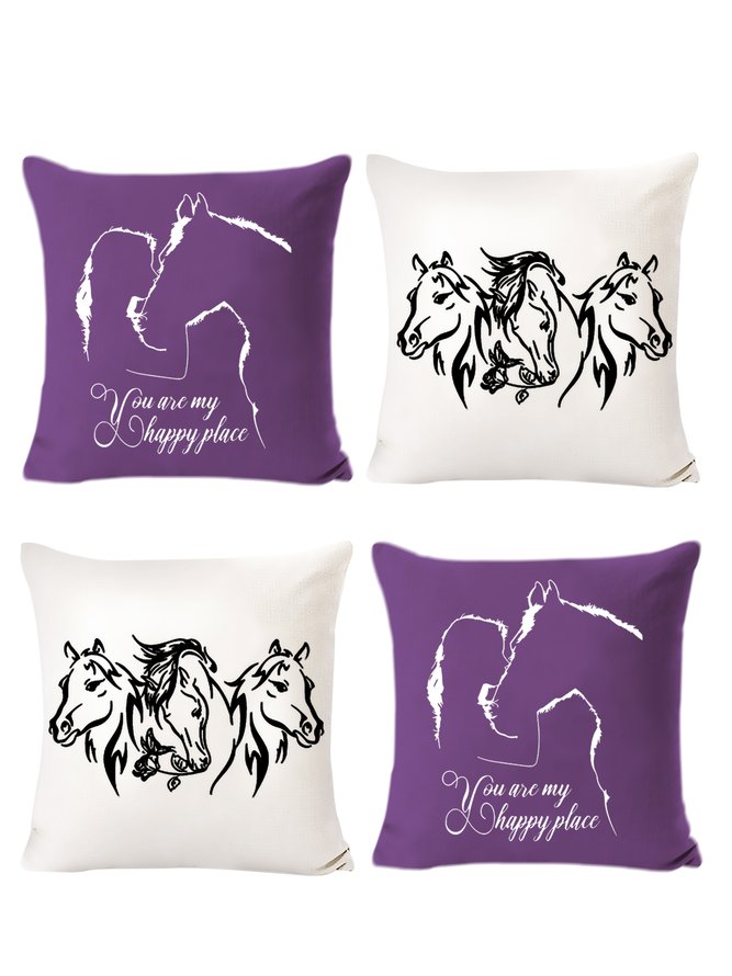 18x18 Set of 4 Cushion Pillow Covers, Funny Horse And Girl You Are My Happy Place Print Letters Backrest Decorations For Home