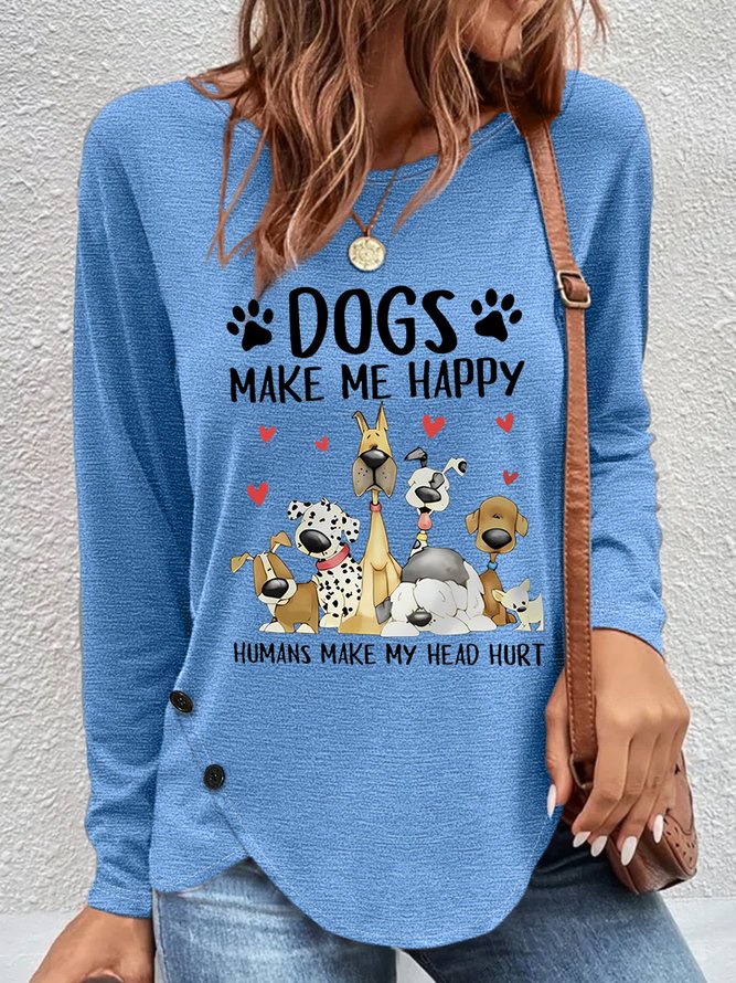 Women's Funny Word Dog Make Me Happy Simple Crew Neck Long Sleeve Top