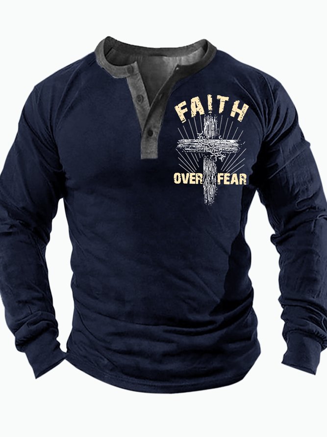 Men's Faith Over Fear The Religious Cross Funny Graphic Print Casual Half Turtleneck Regular Fit Text Letters Top