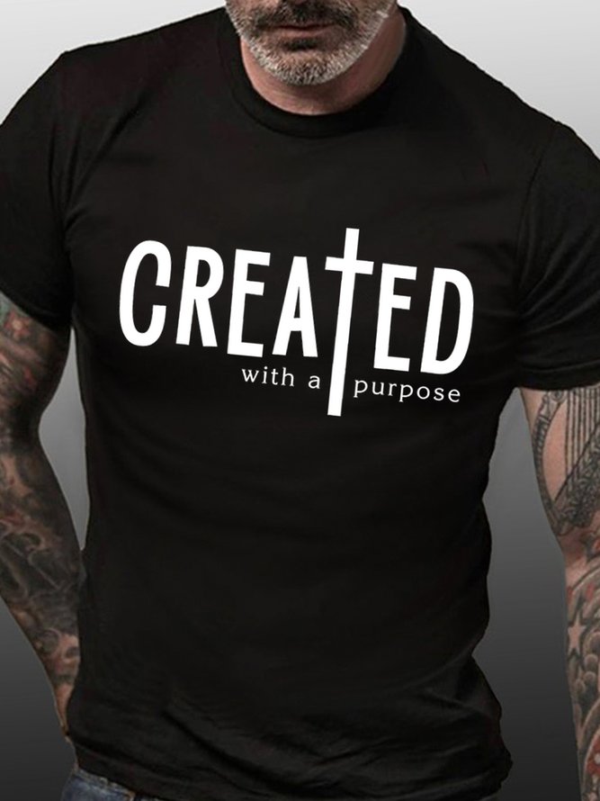Men's Created With A Purpose The Religious Cross Funny Graphic Print Cotton Casual T-Shirt