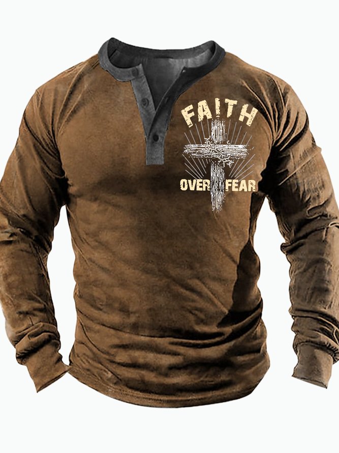 Men's Faith Over Fear The Religious Cross Funny Graphic Print Casual Half Turtleneck Regular Fit Text Letters Top
