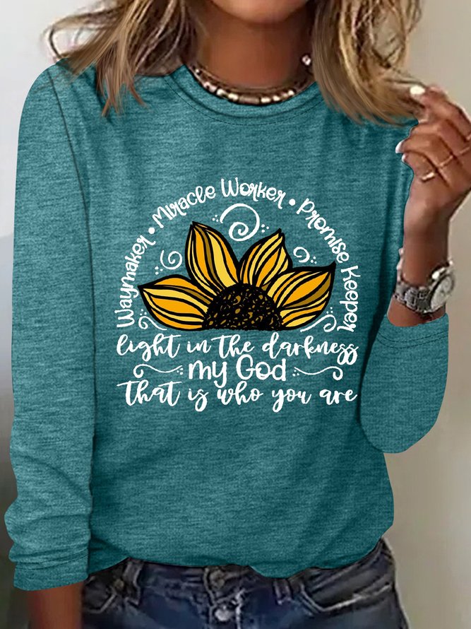 Women's Waymaker Sunflower Cotton-Blend Simple Text Letters Long Sleeve Top